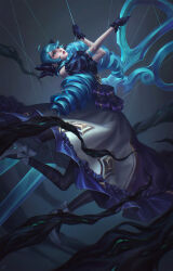 Rule 34 | 1girl, absurdres, black gloves, black pantyhose, blue eyes, blue hair, crying, crying with eyes open, detached sleeves, dress, drill hair, full body, gloves, gradient background, gwen (league of legends), hair between eyes, high heels, highres, holding, holding scissors, holding weapon, kgynh, league of legends, lolita fashion, long hair, looking up, magic, pantyhose, parted lips, red lips, ribbon, scissors, short sleeves, sidelocks, solo, teardrop, tears, thread, twin drills, weapon, white dress, white footwear