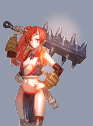 Rule 34 | 1girl, bow (bhp), breasts, brown eyes, club, club (weapon), gloves, hand on own hip, highres, hip focus, horns, jewelry, kanabou, long hair, looking at viewer, navel, necklace, oni, original, pointy ears, red hair, small breasts, solo, spiked club, thighs, weapon