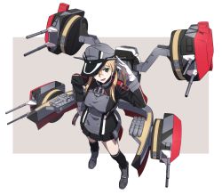 Rule 34 | 10s, 1girl, blonde hair, gloves, green eyes, hand on own hip, hat, hat over one eye, highres, kantai collection, kinosuke (sositeimanoga), long hair, machinery, open mouth, peaked cap, prinz eugen (kancolle), salute, skirt, smile, solo, turret, twintails, uniform