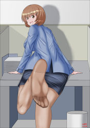 Rule 34 | 1girl, absurdres, brown eyes, brown hair, desk, feet, hair ornament, hairclip, highres, looking at viewer, looking back, office, office lady, open mouth, pantyhose, pov, soles, toes