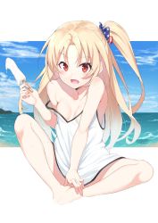 Rule 34 | 1girl, absurdres, azur lane, beach, blonde hair, breasts, cleveland (azur lane), cloud, collarbone, commentary request, covering crotch, covering privates, day, food, highres, joker (tomakin524), long hair, looking at viewer, no bra, ocean, open mouth, popsicle, red eyes, shirt, side ponytail, sitting, sky, small breasts
