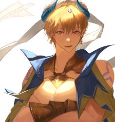 Rule 34 | 1boy, absurdres, arabian clothes, arm tattoo, armor, blonde hair, commentary request, cropped vest, earrings, fate/grand order, fate (series), gauntlets, gilgamesh, gilgamesh (caster) (fate), gilgamesh (fate), gold, gold armor, hair between eyes, hat, highres, jewelry, looking at viewer, male focus, open mouth, red eyes, short hair, simple background, smile, solo, tattoo, toned, toned male, turban, upper body, vambraces, vest, white background, zuraa (naunau seijin)