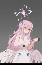 Rule 34 | 1girl, angel wings, blue archive, blunt bangs, boxcutter, collarbone, commentary, crying, crying with eyes open, depressed, dress, flower, grey background, hair bun, hair flower, hair ornament, hair scrunchie, halo, highres, holding, holding knife, imminent suicide, knife, long hair, mibe (suiseichu), mika (blue archive), one side up, pink hair, scrunchie, self-harm, sidelocks, simple background, single side bun, sleeveless, sleeveless dress, sleeveless turtleneck, slicing, smile, solo, suicide, tears, turtleneck, turtleneck dress, white dress, white wings, wings, wrist cutting, wrist scrunchie, yellow eyes