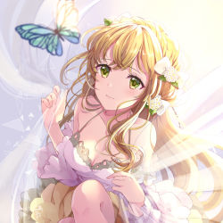 Rule 34 | 1girl, animal, bare shoulders, blonde hair, blurry, blurry foreground, blush, bow, braid, breasts, bug, butterfly, cleavage, closed mouth, collarbone, commentary request, curtain grab, curtains, depth of field, detached sleeves, dress, flower, green eyes, hair between eyes, hair bow, hair flower, hair ornament, highres, insect, knee up, long hair, long sleeves, medium breasts, original, puracotte, sitting, sleeveless, sleeveless dress, solo, transparent, very long hair, white bow, white dress, white flower, white sleeves, wide sleeves