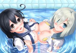 Rule 34 | 10s, 2girls, black hair, blue eyes, blush, breast press, breasts, brown eyes, gloves, hair ornament, hair over one eye, hairclip, hamakaze (kancolle), kantai collection, kyamu (qqea92z9n), large breasts, long hair, looking at viewer, looking up, multiple girls, open mouth, partially submerged, personification, short hair, silver hair, smile, symmetrical docking, torn clothes, ushio (kancolle), water, white gloves