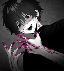 Rule 34 | 1boy, blood, blood on face, blood on hands, blush, choker, ear piercing, fang, hair between eyes, heart, heart-shaped pupils, jewelry, looking at viewer, male focus, nail polish, nose blush, open mouth, original, piercing, pink blood, ring, saliva, shirt, simple background, solo, soui manshin, spot color, sweat, symbol-shaped pupils, tongue piercing, twitter username, upper body