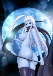 Rule 34 | 10s, 1girl, ahoge, ass, bad id, bad pixiv id, black sclera, blue skin, breasts, colored sclera, colored skin, dullahan, full moon, huge ahoge, lala (monster musume), large breasts, long hair, looking at viewer, monster girl, monster musume no iru nichijou, moon, naked scarf, night, night sky, nipples, nude, photo background, scarf, scythe, sidelocks, signature, sky, slimysoap, solo, thighhighs, white hair, yellow eyes
