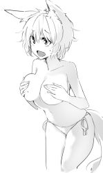 Rule 34 | 1girl, animal ears, bikini, bikini bottom only, breasts, commentary request, covering privates, covering breasts, cowboy shot, fang, greyscale, inubashiri momiji, kamukamu (ars), large breasts, leaning forward, messy hair, monochrome, navel, open mouth, short hair, side-tie bottom, simple background, skindentation, solo, standing, sweatdrop, swimsuit, tail, thighs, topless, touhou, white background, wolf ears, wolf girl, wolf tail