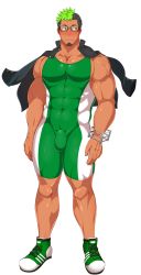 Rule 34 | 1boy, arms at sides, bara, bare shoulders, black-framed eyewear, black hair, blush, bodysuit, covered abs, covered navel, crow (siranui), dark-skinned male, dark skin, facial hair, full body, glasses, goatee, green bodysuit, green hair, highres, ikusaba daisuke, jacket, jacket on shoulders, large pectorals, looking to the side, male focus, mature male, multicolored hair, muscular, muscular male, pectoral cleavage, pectorals, shoes, short hair, sideburns, sidepec, simple background, sneakers, solo, taurus mask, tokyo houkago summoners, two-tone hair, white background, wrestling outfit
