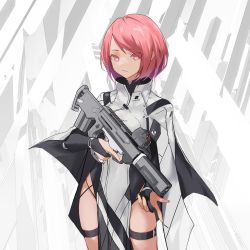 Rule 34 | 1girl, bad id, bad pixiv id, cancell, cloak, closed mouth, cowboy shot, gun, highres, holding, holding gun, holding weapon, leotard, looking at viewer, original, pink eyes, pink hair, science fiction, short hair, solo, swept bangs, thigh strap, trigger discipline, weapon