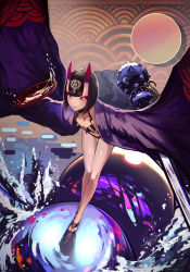 Rule 34 | 1girl, absurdres, alcohol, bare legs, blunt bangs, bob cut, breasts, closed mouth, collarbone, commentary request, cup, egasumi, eyeshadow, fate/grand order, fate (series), highres, horns, legs, main0567, makeup, pattern request, purple eyes, purple hair, red eyeshadow, red horns, revealing clothes, sakazuki, sake, seigaiha, short eyebrows, short hair, shuten douji (fate), skin-covered horns, small breasts, smile, solo, spilling, thick eyebrows