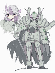 Rule 34 | 1girl, absurdres, armor, black cape, black eyes, blush, bow, cape, creatures (company), cross-shaped pupils, full armor, full body, game freak, gen 7 pokemon, golisopod, grey hair, hair bow, hair ornament, hairpin, helmet, highres, holding, holding sword, holding weapon, japanese armor, looking at viewer, nintendo, ornate armor, pauldrons, personification, pokemon, purple bow, rein (3313), samurai, shoulder armor, solo, sword, symbol-shaped pupils, torn cape, torn clothes, weapon