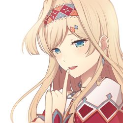 Rule 34 | 1girl, angon623, blue eyes, blush, hair behind ear, hair intakes, hairband, highres, jewelry, layla alstroemeria, looking down, necklace, nijisanji, nijisanji id, pointing, pointing at self, portrait, smile, solo, virtual youtuber, white background