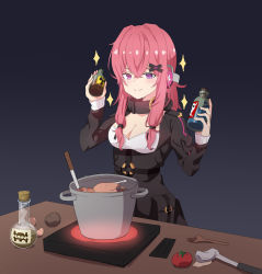 Rule 34 | 1girl, bad food, blush, breasts, chicken (food), cleavage, dark background, food, girls&#039; frontline, hair ornament, hayarob, highres, k31 (girls&#039; frontline), ladle, long hair, medium breasts, melting, pink hair, poison, pot, potato, purple eyes, radiation symbol, radioactive, skull and crossbones, smile, solo, sparkle, stove, tomato, twintails, wooden spoon