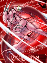 Rule 34 | arkadimon child, attack, claws, colored skin, digimon, horns, lowres, monster, muscular, official art, pink skin, red eyes, spikes, tail