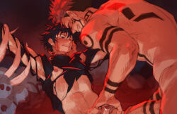 Rule 34 | 2boys, arm tattoo, back tattoo, biceps, biting, blood, bludwing, erection, extra eyes, facial tattoo, fellatio, fushiguro megumi, hand mouth, imminent penetration, jujutsu kaisen, large penis, leg tattoo, male focus, male pubic hair, multiple boys, neck biting, neck grab, nipples, one eye closed, oral, pants, penis, pubic hair, red eyes, restrained, ryoumen sukuna (jujutsu kaisen), shoulder tattoo, size difference, skull, tattoo, tongue, tongue out, torn clothes, torn pants, yaoi