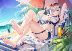 Rule 34 | 1girl, ;o, adjusting eyewear, arknights, arm up, armpits, bare shoulders, barefoot, beach, beach chair, beach umbrella, bracelet, breasts, chinese commentary, choker, cleavage, commentary request, crossed legs, eyewear on head, feet, hair between eyes, hair ornament, highres, jewelry, large breasts, long hair, looking at viewer, meion, navel, official alternate costume, on chair, one eye closed, orca hair ornament, outdoors, plant, red eyes, shirt, short shorts, shorts, silver hair, sitting, skadi (arknights), skadi (waverider) (arknights), skindentation, soles, solo, stomach, sunglasses, sunlight, surfboard, swimsuit, thigh strap, thighs, toes, toned, tropical drink, umbrella, very long hair, wet, white shirt