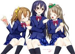 Rule 34 | 10s, 2014, 3girls, ^ ^, bad id, bad twitter id, blazer, blue hair, bow, brown hair, closed eyes, crepe, dated, eating, feeding, food, happy, heart, jacket, kneehighs, kosaka honoka, long hair, looking at another, love live!, love live! school idol project, minami kotori, multiple girls, musical note, one side up, open mouth, orange hair, quaver, school uniform, side ponytail, signature, simple background, sitting, skirt, socks, sonoda umi, spoken heart, spoken musical note, suzume miku, white background, yellow eyes