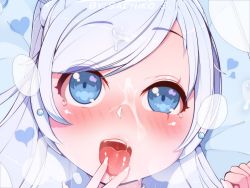 Rule 34 | 1girl, blue eyes, blue hair, cum, cum on hair, drooling, face, facial, finger in own mouth, fingernails, highres, jewelry, long fingernails, long hair, looking at viewer, open mouth, rwby, sachiko shirayuki, saliva, solo, suggestive fluid, swept bangs, tagme, tears, teeth, tongue, tongue out, upper teeth only, uvula, weiss schnee