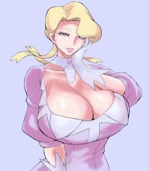 Rule 34 | 1girl, blonde hair, blue eyes, breasts, cleavage, closed mouth, creatures (company), detached collar, female focus, game freak, glacia (pokemon), gloves, half-closed eyes, hand on own face, highres, huge breasts, lipstick, long hair, makeup, nintendo, pink lips, pokemon, pokemon oras, upper body, uya (yurukah)