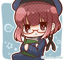 Rule 34 | 10s, 1girl, bespectacled, bloom2425, blush, book, hugging book, brown eyes, brown hair, chibi, dress, glasses, hat, holding, holding book, kantai collection, long sleeves, hugging object, ribbon, sailor dress, sailor hat, short hair, solo, spoken blush, star (symbol), starry background, twitter username, z3 max schultz (kancolle)