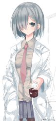 Rule 34 | 10s, 1girl, absurdres, alternate costume, alternate eye color, alternate hair color, breasts, grey eyes, grey hair, hair ornament, hair over one eye, hairclip, hamakaze (kancolle), hand in pocket, highres, kantai collection, lab coat, large breasts, long sleeves, looking to the side, miniskirt, nao (qqqbb), necktie, pleated skirt, short hair, simple background, skirt, solo, thighhighs, twitter username, white background