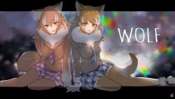 Rule 34 | 10s, 2girls, :3, absurdres, animal ears, bad id, bad twitter id, blush, collared shirt, commentary request, dnsdltkfkd, fur collar, gloves, grey hair, highres, italian wolf (kemono friends), japanese wolf (kemono friends), kemono friends, korean commentary, light brown hair, long hair, long sleeves, lying, multicolored hair, multiple girls, neckerchief, necktie, on side, plaid, plaid neckwear, plaid skirt, pleated skirt, sailor collar, shirt, skirt, sweater, tail, thighhighs, white hair, wolf ears, wolf tail, zettai ryouiki