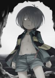 Rule 34 | . ., 1boy, cave, commentary request, gegege no kitarou, grey hair, hair over one eye, kitarou, looking at viewer, male focus, miyano (112288miyano), navel, open clothes, open shirt, short hair, shorts, solo