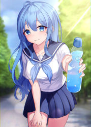 Rule 34 | 1girl, ahoge, blue eyes, blue hair, blue neckerchief, blue sailor collar, blue skirt, blurry, blurry background, blush, bottle, breasts, collarbone, commentary request, cowboy shot, day, hair between eyes, hand on own thigh, highres, holding, holding bottle, incoming drink, leaning forward, long hair, looking at viewer, medium breasts, neckerchief, original, outdoors, outstretched arm, pleated skirt, sailor collar, school uniform, serafuku, shirt, short sleeves, sidelocks, skirt, smile, solo, standing, ttopang, very long hair, water bottle, white shirt