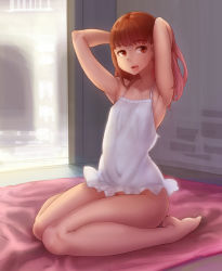 Rule 34 | 1girl, abubu, armpits, bare arms, bare shoulders, breasts, brown eyes, brown hair, dress, full body, indoors, looking at viewer, looking to the side, open mouth, original, short hair, sitting, sleeveless, sleeveless dress, small breasts, smile, solo, white dress