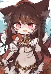 Rule 34 | 1girl, animal ear fluff, animal ears, breasts, brown gloves, brown hair, brown nails, byako (srktn), cape, chibi, commission, cowboy shot, facial tattoo, fangs, fingerless gloves, fingernails, fur-trimmed gloves, fur trim, gloves, hand on own chest, highres, hood, hood up, hooded cape, keyhole, kureha (666) (sound voltex), kureha (sound voltex), long fingernails, long hair, looking at viewer, medium breasts, midriff, nail polish, navel, open mouth, red cape, red eyes, red hood, revealing clothes, sidelocks, simple background, skin fangs, solo, sound voltex, standing, sword, tattoo, underboob, v-shaped eyebrows, very long hair, weapon, white background, wolf ears