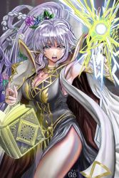 Rule 34 | 1girl, book, breasts, cleavage, earrings, fire emblem, fire emblem: genealogy of the holy war, fire emblem heroes, flower, hair flower, hair ornament, highres, ishtar (fire emblem), jewelry, karmamissile731, large breasts, looking at viewer, magic, necklace, nintendo, official alternate costume, ponytail, purple eyes, purple hair, thighs