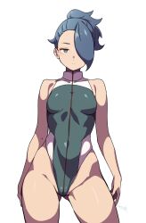 Rule 34 | 1girl, 2024, adapted costume, adapted uniform, asticassia school uniform, batta 16-sei, blue eyes, blue hair, breasts, collared leotard, covered navel, expressionless, gluteal fold, gundam, gundam suisei no majo, hair over one eye, henao jazz, highleg, highleg leotard, highres, leotard, looking at viewer, medium breasts, ponytail, school uniform, short ponytail, signature, skin tight, solo, solo focus, standing, thighs, white background