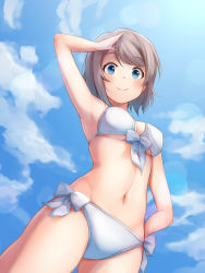 Rule 34 | 10s, 1girl, arm up, armpits, bikini, blue eyes, blue sky, blush, bow, breasts, brown hair, cleavage, closed mouth, cloud, cowboy shot, day, dutch angle, from below, front-tie bikini top, front-tie top, hand on own hip, highres, hitotsuki no yagi, looking at viewer, looking down, love live!, love live! school idol festival, love live! sunshine!!, medium breasts, navel, outdoors, salute, short hair, side-tie bikini bottom, sky, smile, solo, standing, stomach, string bikini, swept bangs, swimsuit, tareme, thighs, underboob, watanabe you, white bikini, white bow