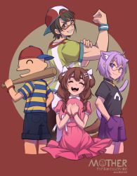 Rule 34 | 3girls, :d, absurdres, ahoge, ana (mother), ana (mother) (cosplay), animal ears, backwards hat, baseball bat, baseball cap, bespectacled, blue eyes, bone hair ornament, braid, bras d&#039;honneur, brown hair, cat ears, cat tail, closed eyes, collar, commentary request, copyright name, cosplay, dated, dog ears, dog tail, dress, from behind, glasses, grin, hair ornament, hair ribbon, hands in pockets, hat, highres, hololive, inugami korone, koushake, looking at viewer, looking over eyewear, looking over glasses, mother (game), mother 1, multiple girls, nekomata okayu, ninten, ninten (cosplay), nintendo, onigiri print, oozora subaru, oozora subaru (1st costume), open mouth, over shoulder, pink dress, purple eyes, purple hair, red-tinted eyewear, red-tinted glasses, red background, ribbon, shirt, shorts, smile, striped clothes, striped shirt, sunglasses, tail, tinted eyewear, translation request, twin braids, unworn hat, unworn headwear, virtual youtuber, weapon, weapon over shoulder, white ribbon, wristband