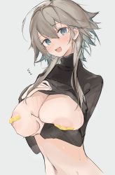 Rule 34 | 1girl, :d, absurdres, ahoge, arknights, bandaid, bandaids on nipples, black sweater, blonde hair, blue eyes, bottomless, breast hold, breasts, covered erect nipples, embarrassed, female focus, grabbing own breast, grey background, hair between eyes, highres, looking at viewer, mayer (arknights), midriff, mikozin, nipple slip, nipples, no bra, open mouth, pasties, pulling own clothes, short hair with long locks, simple background, simplistic background, smile, solo, sweat, sweatdrop, sweater, turtleneck