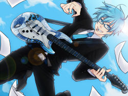 Rule 34 | 1boy, ahoge, bad id, bad pixiv id, bespectacled, bitte, blue-framed eyewear, blue eyes, blue hair, blue nails, blue necktie, day, formal, glasses, guitar, instrument, kaito (vocaloid), lens flare, looking at viewer, male focus, matching hair/eyes, mouth hold, nail polish, necktie, paper, sky, smile, solo, suit, vocaloid
