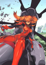 Rule 34 | 1girl, alternate breast size, angry, blue eyes, breasts, breasts apart, cockpit, curvy, day, entry plug, kim hyung tae, large breasts, lips, long hair, mecha, medium breasts, neon genesis evangelion, orange hair, pilot suit, plugsuit, robot, shiny clothes, sitting, sky, solo, souryuu asuka langley, twintails, wide hips, window