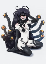 Rule 34 | 1girl, :d, ahoge, aki-san (akihiro), arm behind head, black hair, blush, breasts, colored sclera, colored skin, covered erect nipples, cyclops, extra eyes, full body, gazer (monster girl encyclopedia), highres, imageboard desourced, long hair, looking at viewer, medium breasts, monster girl, monster girl encyclopedia, navel, non-web source, one-eyed, open mouth, red eyes, sharp teeth, simple background, sitting, smile, solo, tail, teeth, tentacles, white background, white skin, yellow sclera