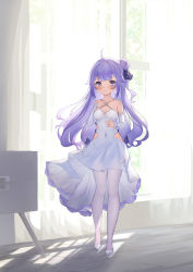Rule 34 | 1girl, absurdres, ahoge, armpit crease, azur lane, backlighting, bare shoulders, blush, breasts, byx, closed mouth, collarbone, commentary request, covered navel, criss-cross halter, curtains, detached sleeves, dress, frilled dress, frills, full body, hair bun, hair ribbon, halter dress, halterneck, highres, indoors, long hair, looking at viewer, medium breasts, pantyhose, purple eyes, purple hair, purple ribbon, ribbon, smile, solo, standing, unicorn (azur lane), very long hair, white dress, white footwear, white pantyhose, window