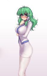 Rule 34 | 1girl, alternate costume, blush, breast hold, breasts, choker, covered erect nipples, crying, crying with eyes open, frog hair ornament, green eyes, green hair, hair ornament, hair tubes, hater (hatater), highres, kochiya sanae, large breasts, long hair, looking at viewer, pantyhose, pencil skirt, simple background, skirt, snake hair ornament, solo, standing, tears, touhou, wavy hair, white background, white pantyhose, white skirt