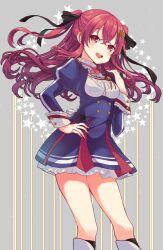 Rule 34 | 1girl, from side, hair ornament, hair ribbon, hairclip, hand in own hair, hand on own hip, jouizumi masamune, long hair, looking at viewer, okanoyuno, open mouth, puffy sleeves, red eyes, red hair, ribbon, school uniform, smile, standing, star (symbol), starry background, tenka hyakken, twintails