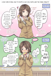 Rule 34 | 1girl, ;), blush, brown eyes, brown hair, commentary request, comparison, covering own mouth, hair ornament, hairpin, hand to own mouth, hard-translated, heart, heart hair ornament, imagining, long sleeves, looking away, niichi (komorebi-palette), one eye closed, original, school uniform, short hair, shy, smile, solo, tears, third-party edit, ticket, translated, truth