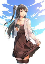 Rule 34 | 1girl, black dress, black hair, breasts, camera phone, cellphone, cleavage, cloud, dress, jacket, kamisakai, long hair, medium breasts, open clothes, open jacket, original, parted lips, phone, red eyes, side ponytail, solo, standing, wind