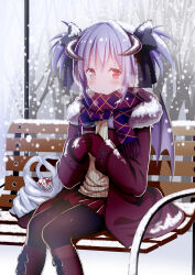 Rule 34 | 1girl, :o, absurdres, bag, black bow, black pantyhose, boots, bow, breasts, brown footwear, can, character request, chouhakai!! barbarossa, cross-laced footwear, feet out of frame, fur-trimmed jacket, fur trim, givuchoko, gloves, grey eyes, grey hair, hair bow, heterochromia, highres, holding, holding can, horns, jacket, knee boots, lace-up boots, long sleeves, looking at viewer, on bench, open clothes, open jacket, pantyhose, parted lips, plastic bag, pleated skirt, purple gloves, purple jacket, purple wings, red eyes, red skirt, ribbed sweater, scarf, sitting, skirt, sleeves past wrists, small breasts, snow, snow on head, snowing, solo, sweater, twintails, white sweater, wings