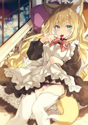 Rule 34 | 1girl, ahoge, animal ear fluff, animal ears, apron, black dress, blonde hair, bow, breasts, closed mouth, commentary request, dress, feet out of frame, fox ears, fox girl, fox tail, frilled apron, frills, green eyes, hair between eyes, hand up, heart, highres, indoors, kamiyoshi rika, knees together feet apart, long hair, long sleeves, looking at viewer, lying, maid, maid apron, medium breasts, on back, original, panties, pink bow, pink panties, puffy long sleeves, puffy sleeves, side-tie panties, smile, solo, tail, thighhighs, underwear, very long hair, white apron