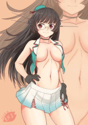 Rule 34 | 1girl, bare shoulders, black choker, black gloves, black hair, blush, breasts, brown background, choker, choukai (kancolle), choukai kai ni (kancolle), collarbone, commentary request, cowboy shot, dated, glasses, gloves, gradient clothes, green vest, groin, hair ornament, hand up, hat, headgear, kantai collection, large breasts, long hair, looking to the side, mini hat, moke ro, navel, open clothes, open vest, pleated skirt, red eyes, rimless eyewear, side slit, sidelocks, signature, skirt, smile, standing, stomach, vest, white skirt, zoom layer