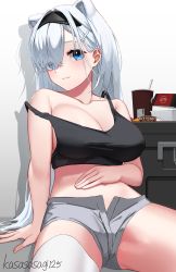 Rule 34 | 1girl, animal ears, arknights, aurora (arknights), bear ears, black hairband, black shirt, blue eyes, breasts, cleavage, collarbone, crop top, cup, disposable cup, extra ears, grey shorts, hair over one eye, hairband, hand on own stomach, highres, kasasasagi, large breasts, long hair, looking at viewer, navel, open fly, shadow, shirt, shorts, sitting, solo, strap slip, takeout container, thighhighs, twitter username, very long hair, white background, white hair, white thighhighs