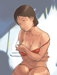 Rule 34 | 1girl, arm under breasts, bikini, breasts, brown hair, cleavage, covering breasts, covering privates, gundam, large breasts, legs together, looking at viewer, mirai yashima, mobile suit gundam, nanboku, navel, off-shoulder bikini, off shoulder, parted lips, red bikini, short hair, sitting, solo, swimsuit, tan, tanline, undressing