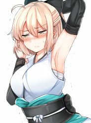Rule 34 | 1girl, ahoge, arm behind head, arm up, armor, armpits, bad id, bad pixiv id, black bow, blonde hair, blush, bow, breasts, closed mouth, embarrassed, fate (series), hair bow, half updo, hand in own hair, japanese clothes, jirou (tamaho39), koha-ace, large breasts, looking away, looking down, obi, okita souji (fate), okita souji (koha-ace), sarashi, sash, sidelocks, simple background, sleeveless, solo, sweat, trembling, upper body, white background, yellow eyes